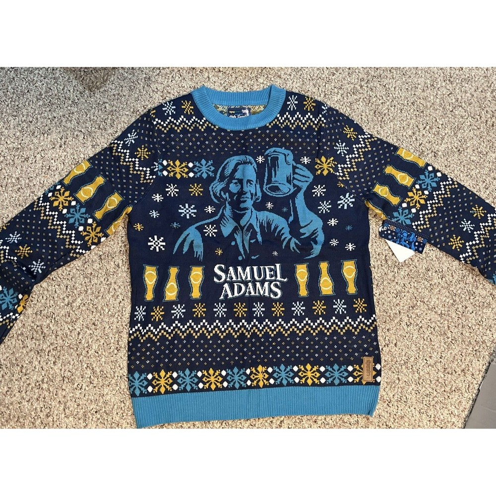 Tipsy Elves Samuel Adams men's size L ugly Christmas sweater blue Gold NWT